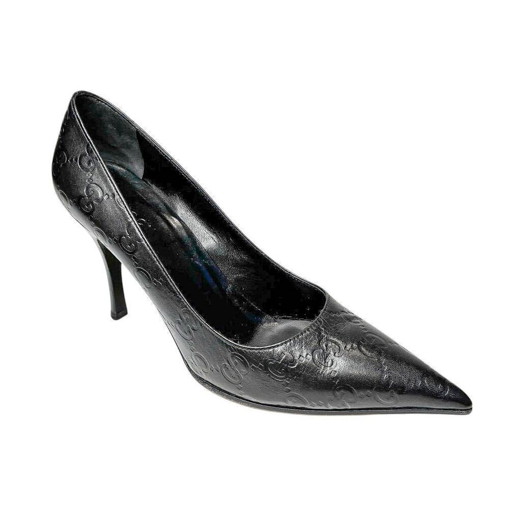 Gucci Black Double GG Monogram Logo Embossed Pointed Toe Heels Size 6 Pumps